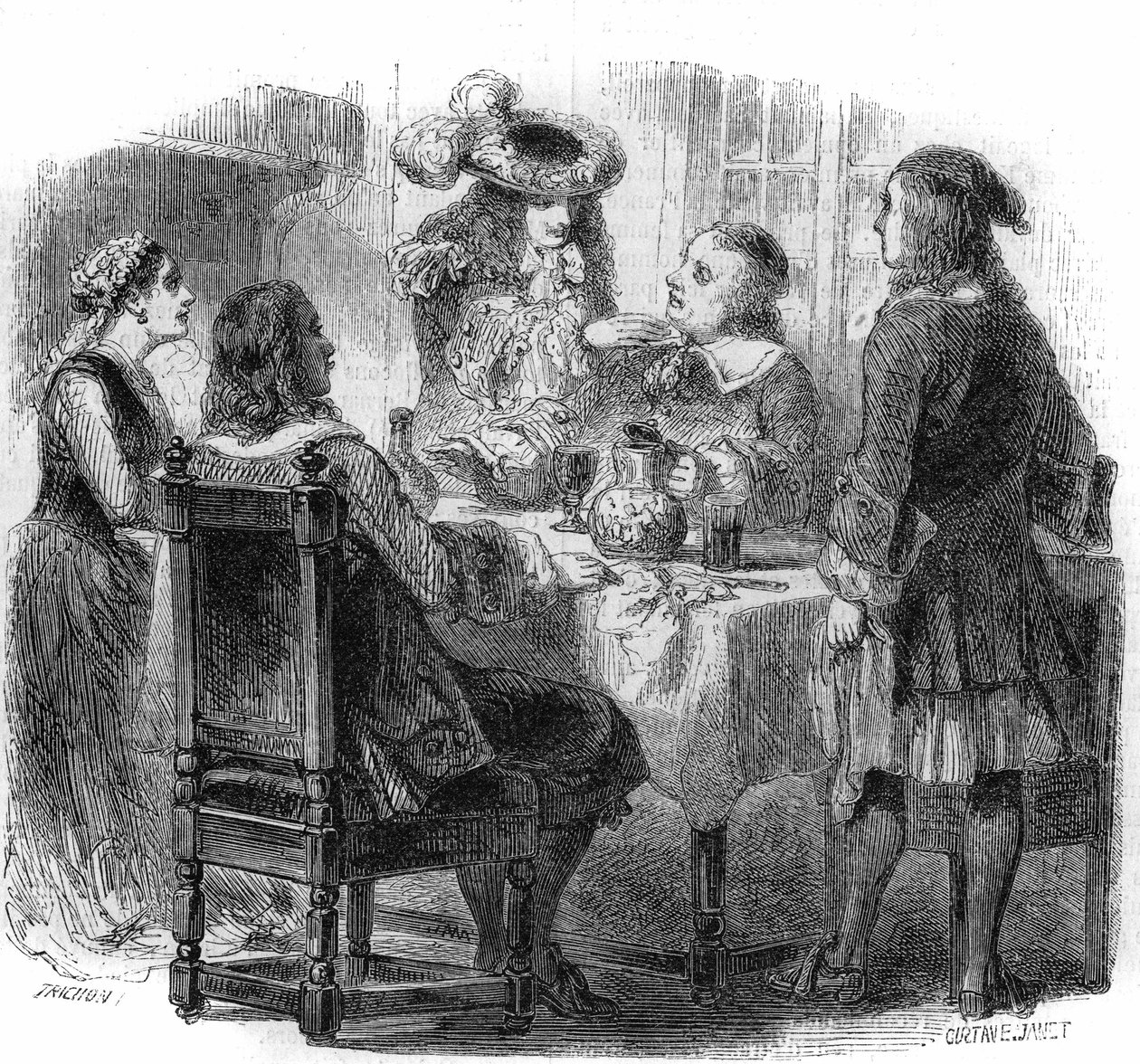 Russische tsaar Peter de Grote, gehuisvest in Frankrijk bij de familie Kalf, observeert de discussie tussen zijn gastheer en een dronkaard, de markies de Bernardini. Gravure door Gustave Janet door Gustave Janet