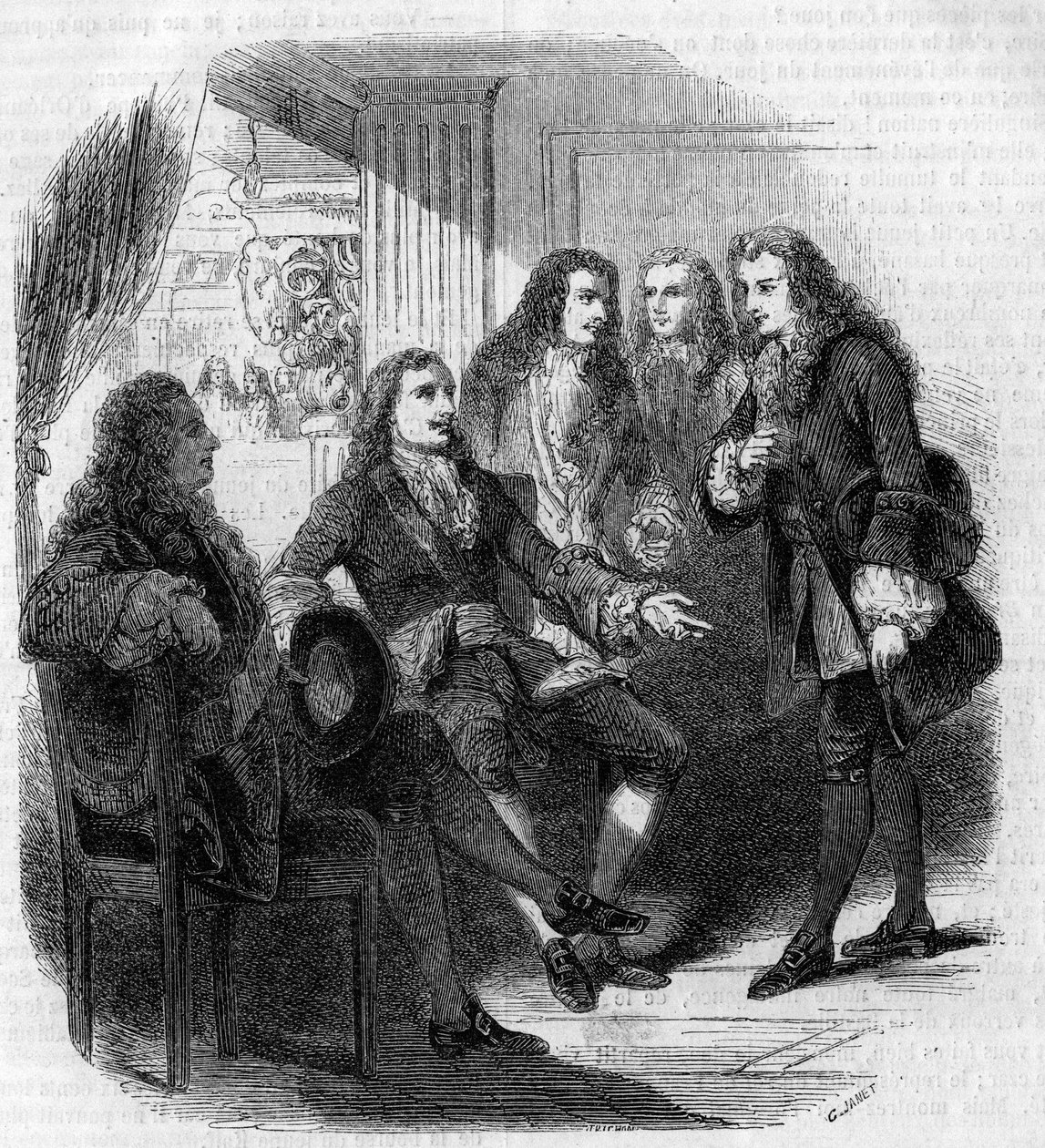 De ontmoeting tussen de Russische tsaar Peter de Grote (1672-1725) en Voltaire (Francois Marie Arouet, genoemd) (1694-1778). Gravure door Gustave Janet door Gustave Janet