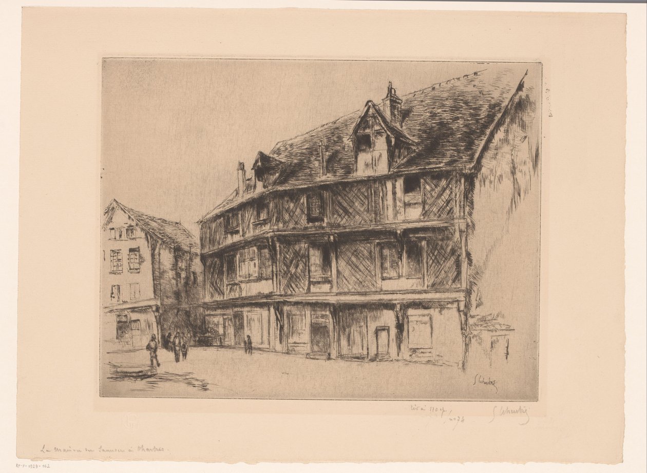 Straat met huizen en wandelaars in Chartres door Gustave Leheutre (signed by artist)