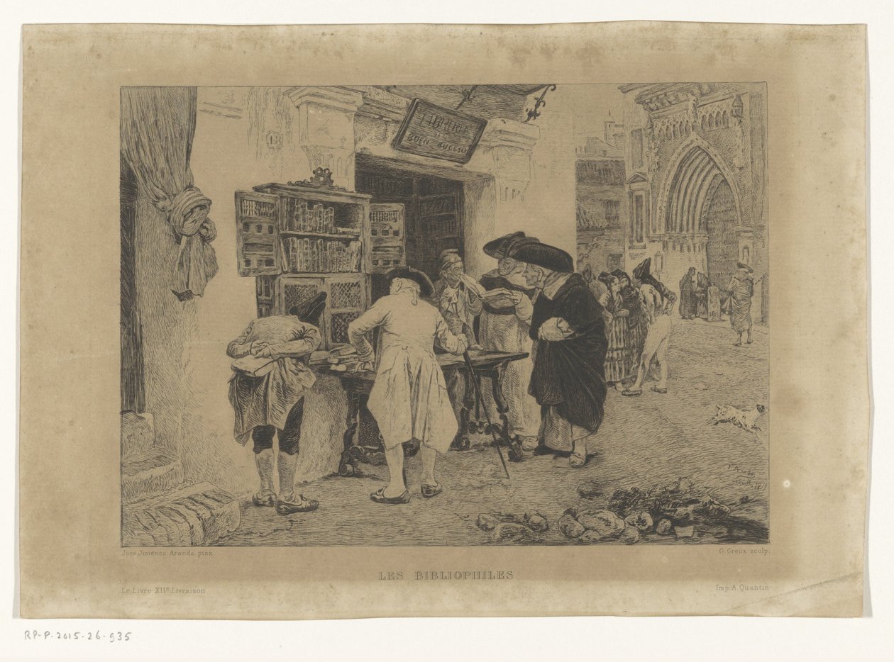 Mannen verzameld rond de uitstalling van een boekhandelaar door Gustave Marie Greux