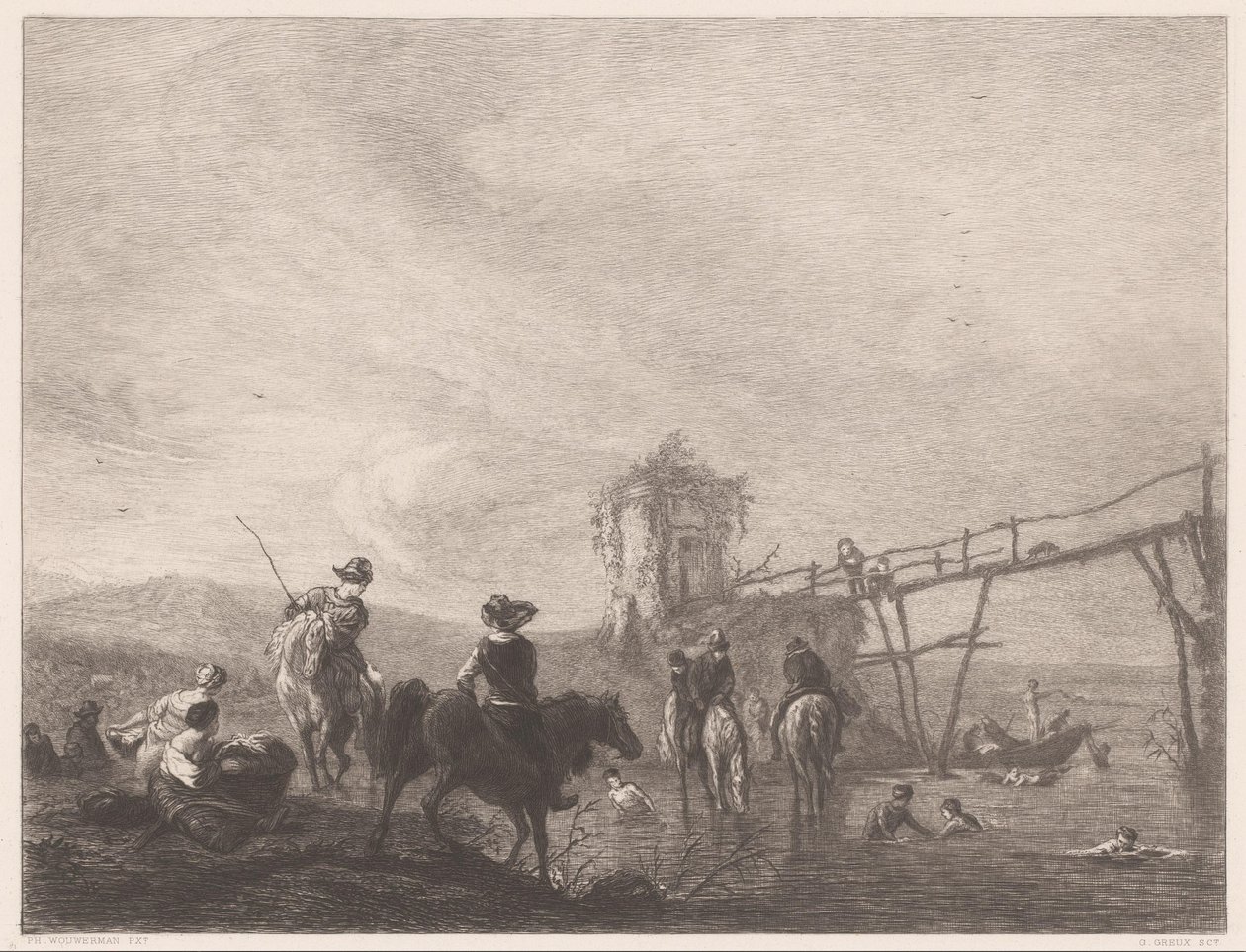 Rustende en zwemmende figuren aan een oever door Gustave Marie Greux