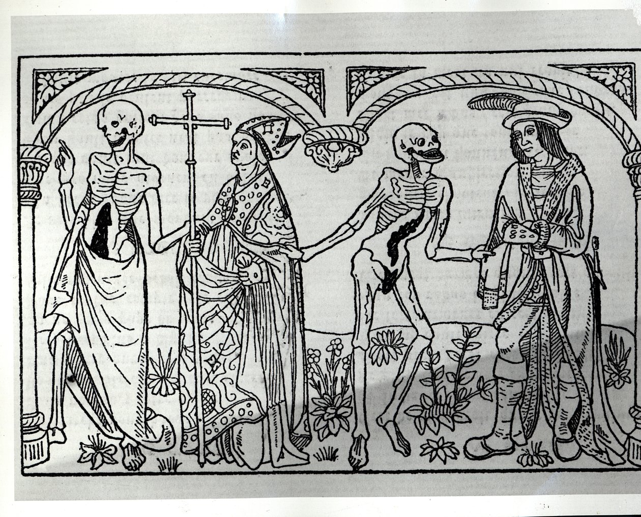 De Dood neemt de Bisschop en de Edelman, uit de Danse Macabre, gepubliceerd Parijs, 1485 door Guy Marchant