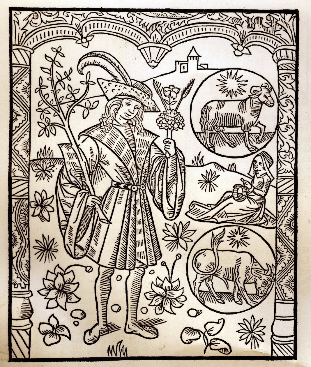 Herderkalender - De Arbeid van de Maanden - April - Houtsnede uit het boek van 1496 gedrukt door Guy Marchant (Guido Mercator) in Troyes - Houtsnede in 