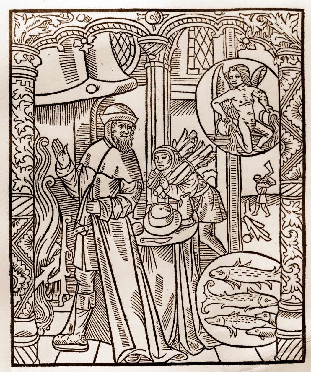 Herderkalender - De Arbeid van de Maanden - Februari - Houtsnede uit het boek van 1496 gedrukt door Guy Marchant (Guido Mercator) in Troyes - Houtsnede in 