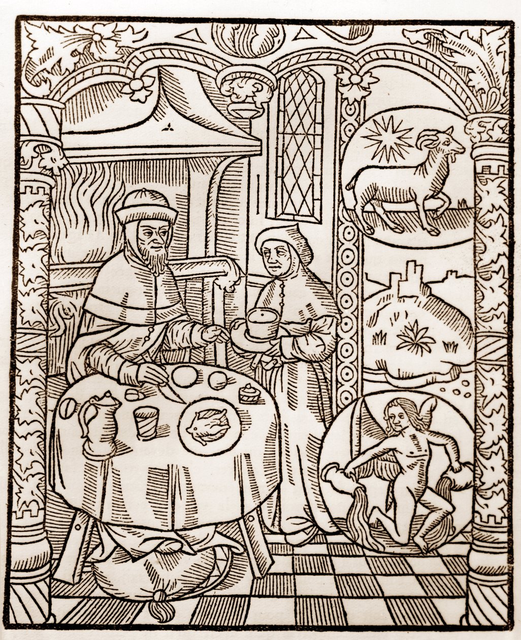 Herderkalender - De Arbeid van de Maanden - Januari - Houtsnede uit het boek van 1496 gedrukt door Guy Marchant (Guido Mercator) in Troyes - Houtsnede in 