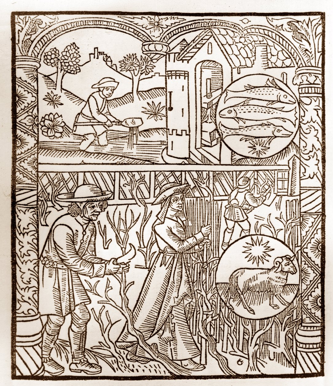 Herderkalender - De Arbeid van de Maanden - Maart - Houtsnede uit het boek van 1496 gedrukt door Guy Marchant (Guido Mercator) in Troyes - Houtsnede in 