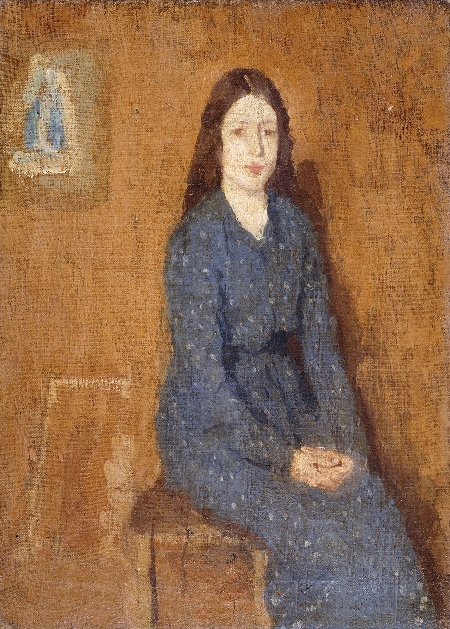 Zittend Meisje met een Gestippelde Blauwe Jurk door Gwen John