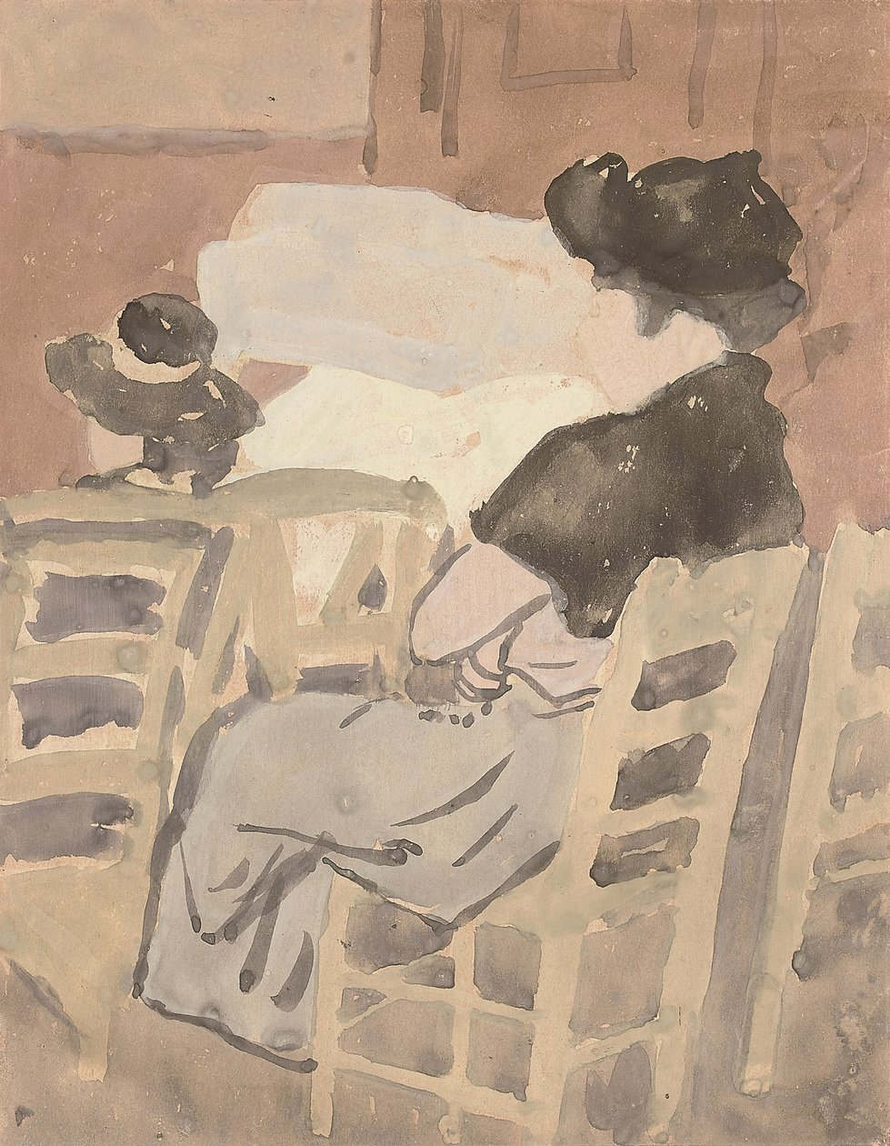 Een vrouw en een jong meisje in een kerkinterieur door Gwen John