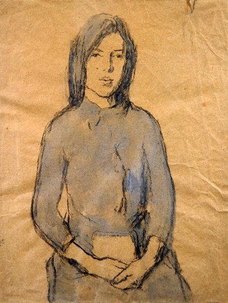 Meisje, handen rustend in haar schoot door Gwen John