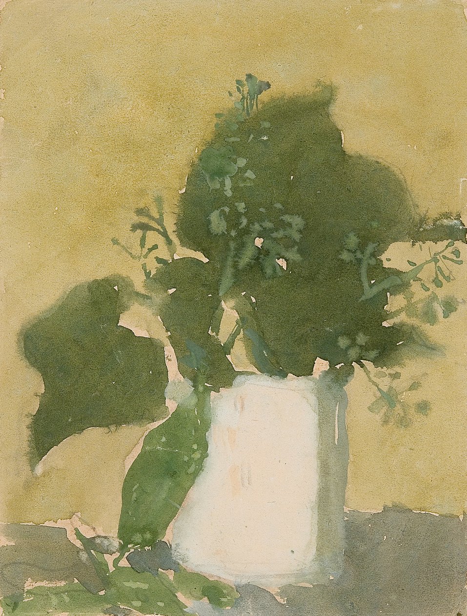 Groene bladeren in een witte kan door Gwen John