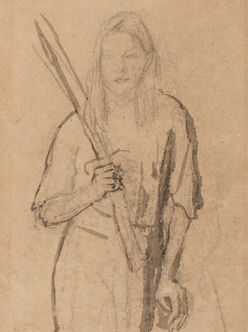 Staand Meisje met houten paal in haar hand door Gwen John