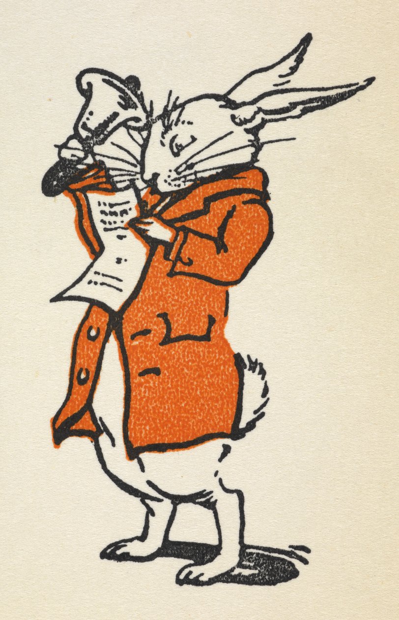 Illustratie van het Witte Konijn in een rood jasje dat een grote bel luidt en leest door Gwynedd M. Hudson