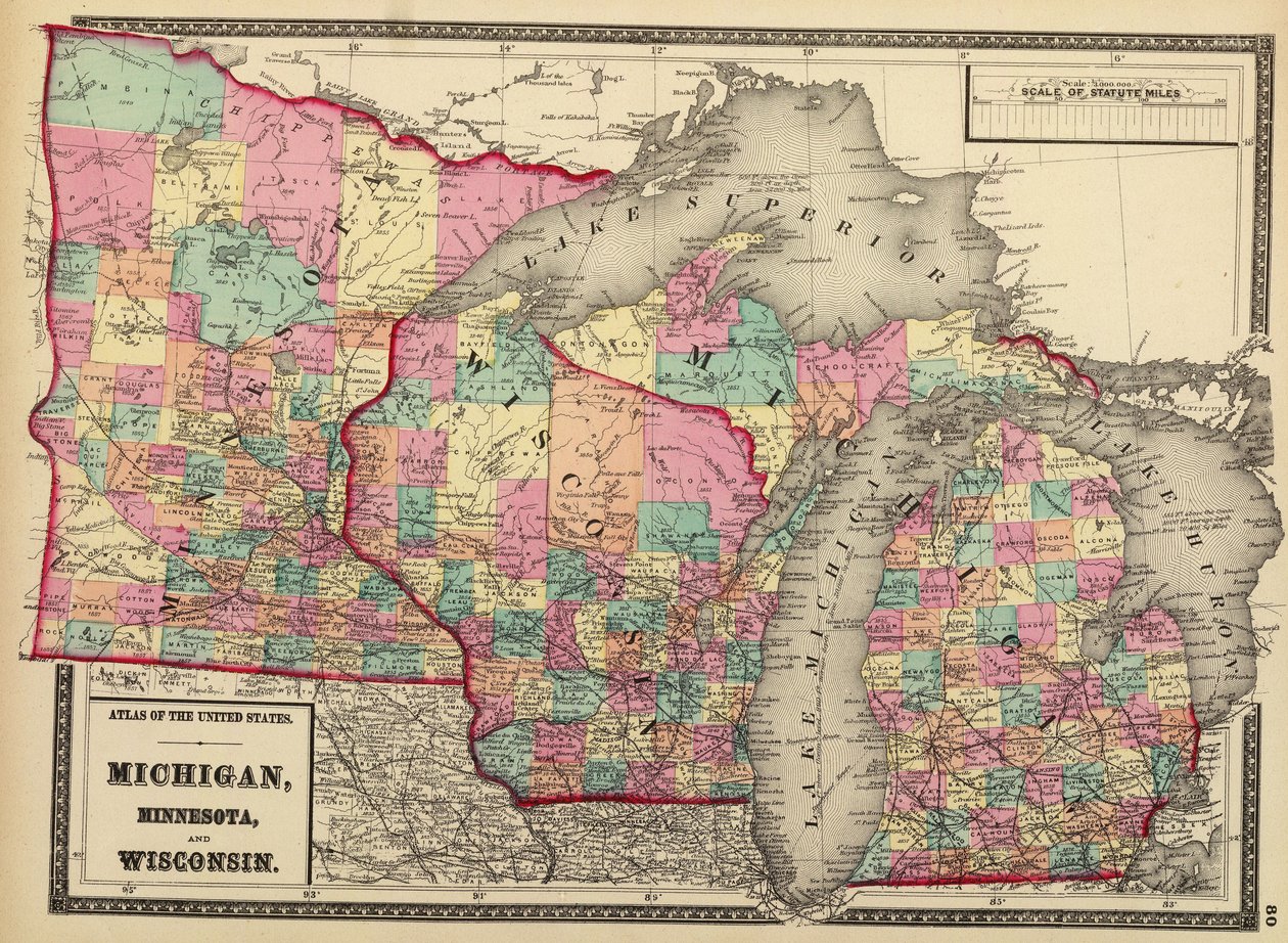 Kaart van de staten Minnesota, Wisconsin en Michigan, 1872 door H. F.; Gray Walling