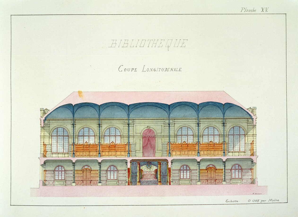 Dwarsdoorsnede van een bibliotheek, plaat XV uit een folio van ontwerpen door H. Monnot