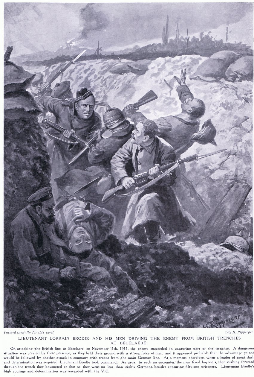 Luitenant Lorrain Brodie won een VC voor het verdrijven van de vijand uit Britse loopgraven bij Becelaere in november 1915 door H. Ripperger