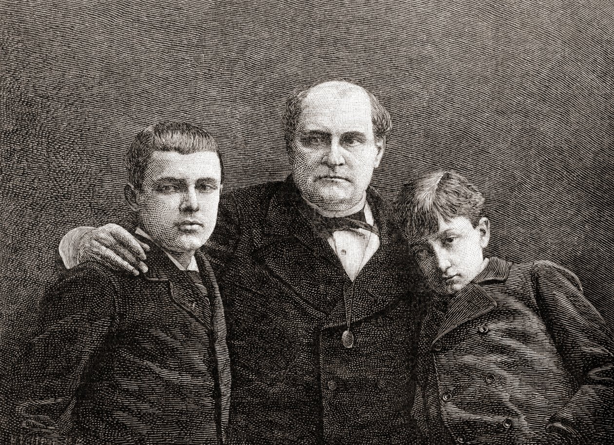 prins Napoléon Bonaparte met zijn twee zonen Victor en Louis, uit The Century Illustrated Monthly Magazine, gepubliceerd 1884 door H. Velten