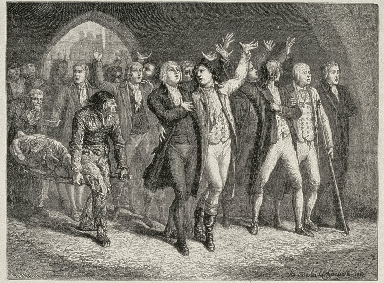 Girondijnen Verlaten het Revolutionair Tribunaal, gegraveerd door Blanpain door H. de la Charlerie