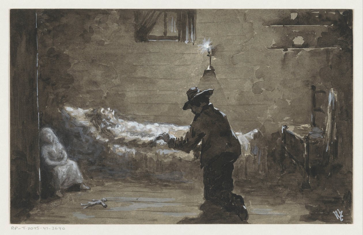 Man knielt bij het bed van een vrouw door H.C. Louwerse (signed by artist)