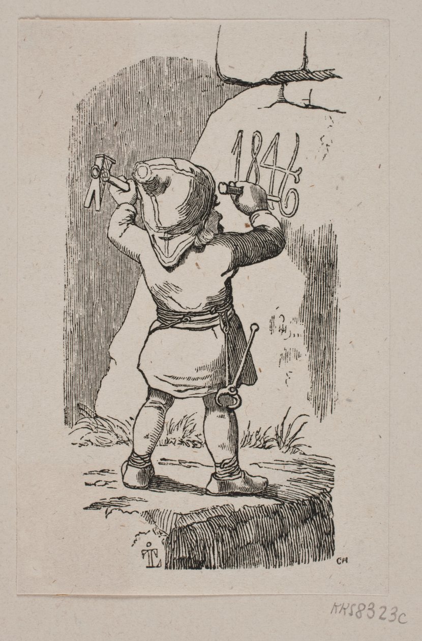 Een kabouter hakt het jaartal 1846 in een rots door H. C. Henneberg