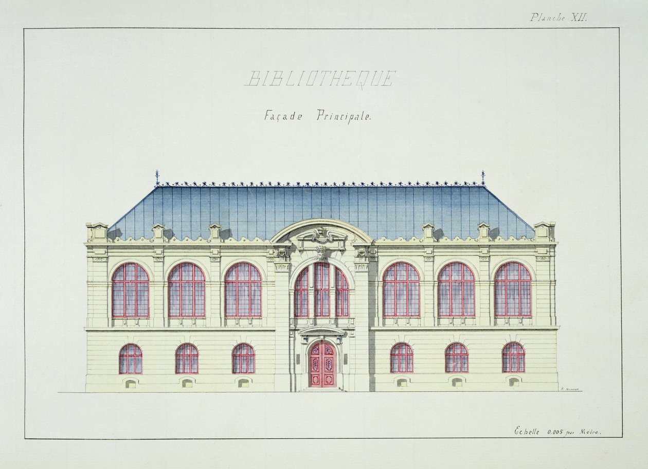 Hoofdfaçade van een Bibliotheek, plaat XII uit een folio van ontwerpen, ca. 1870 door H. Monnot