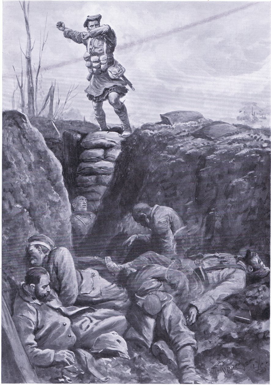 Soldaat Brown (Gordon Highlander) bombardeert de vijand in een Duitse loopgraaf vanaf de top van een barricade door H. Ripperger