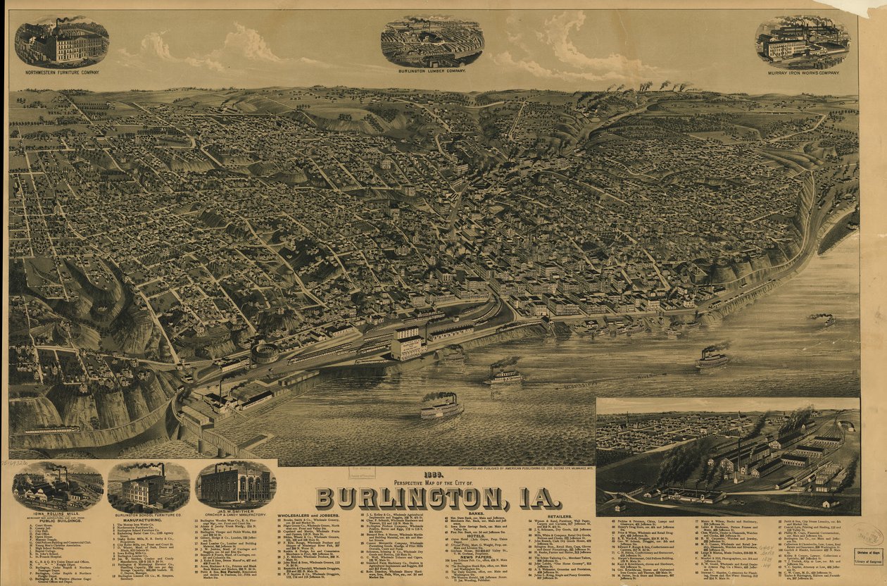 Perspectiefkaart uit 1889 van de stad Burlington, Ia. LOC 75693230 door H. Wellge