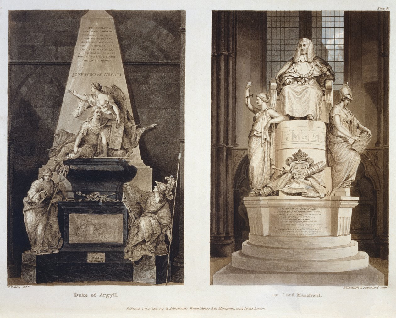 Grafmonumenten van de hertog van Argyll en Lord Mansfield, plaat 56 uit Westminster Abbey, gegraveerd door Williamson en Thomas Sutherland, pub. door Rudolph Ackermann (1764-1834) 1811 door H. after Villiers