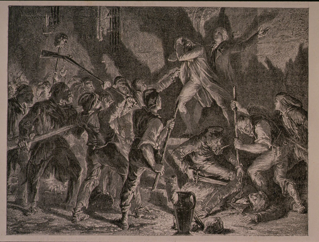 Het Bloedbad in de Gevangenissen in September 1792, gegraveerd door Jean-Baptiste Charles Carbonneau (geb. 1815) door H. de la Charlerie