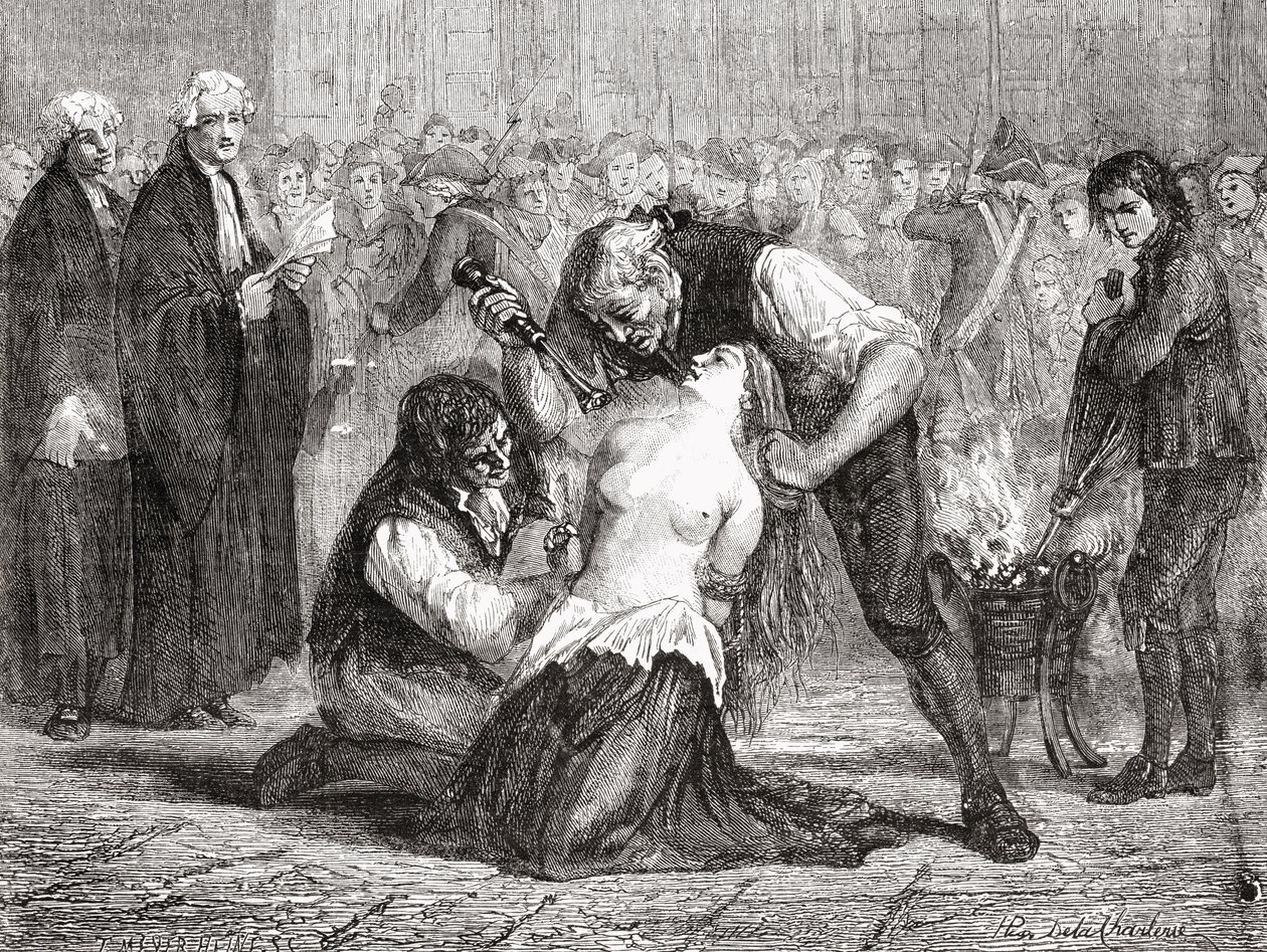 De marteling van Madame de la Motte, gegraveerd door Meyer-Heine, uit 