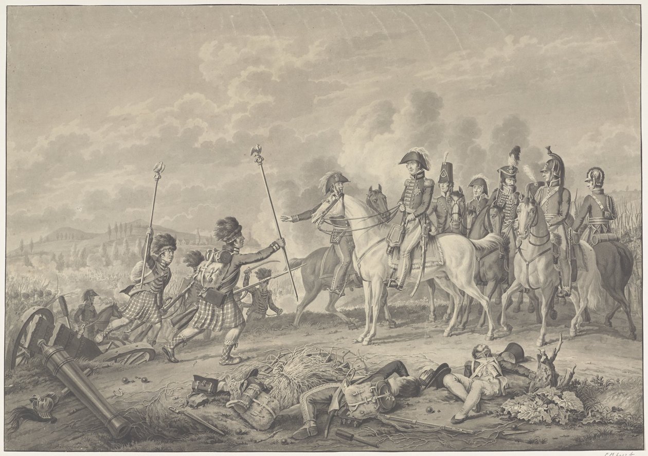Hertog van Wellington ontvangt tijdens de slag bij Waterloo twee op de Fransen veroverde standaarden met adelaars, 1815 door Haatje Pieters Oosterhuis