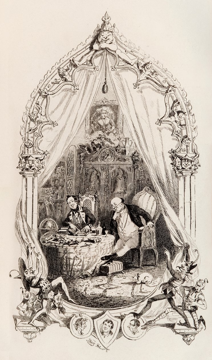 Frontispice uit The Posthumous Papers of the Pickwick Club gepubliceerd in boekvorm in 1837 door Hablot Knight Browne