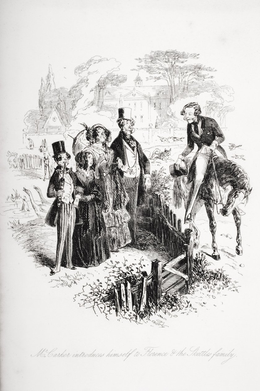 Mr. Carker stelt zichzelf voor aan Florence en de familie Skettles, illustratie uit 