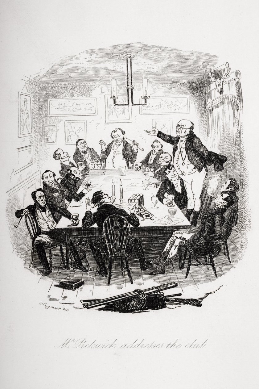Mr. Pickwick spreekt de club toe, illustratie uit 