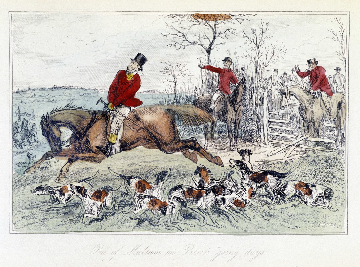 Jachtscène in "De avonturen van Thomas Scott", illustratie door H.K. Browne en W.T. Maud; Engelse cartoon over vossenjacht. door Hablot Knight Browne