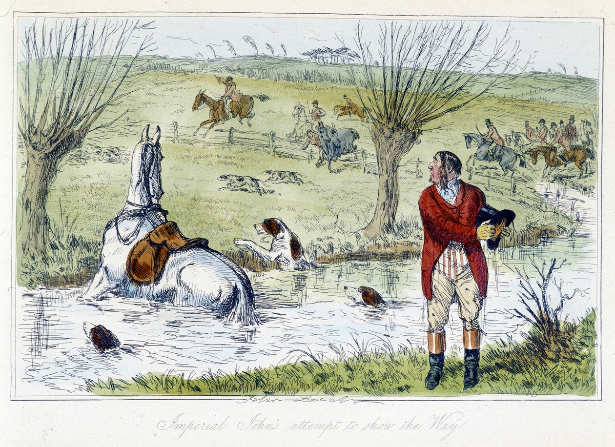 Jager en zijn paard vallen in een waterplas. Engelse karikatuur over de ...