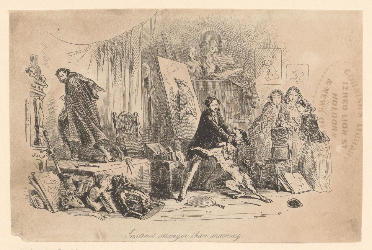 In zijn atelier houdt Henry Gowan zijn hond in bedwang, die zojuist de crimineel Rigaud heeft herkend door Hablot Knight Browne