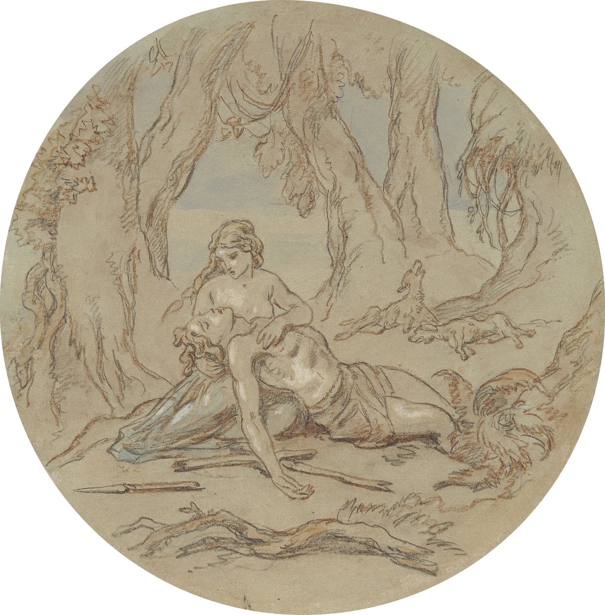 Een van achttien ontwerpen voor een serie platen die Venus en Adonis illustreren door Hablot Knight Browne