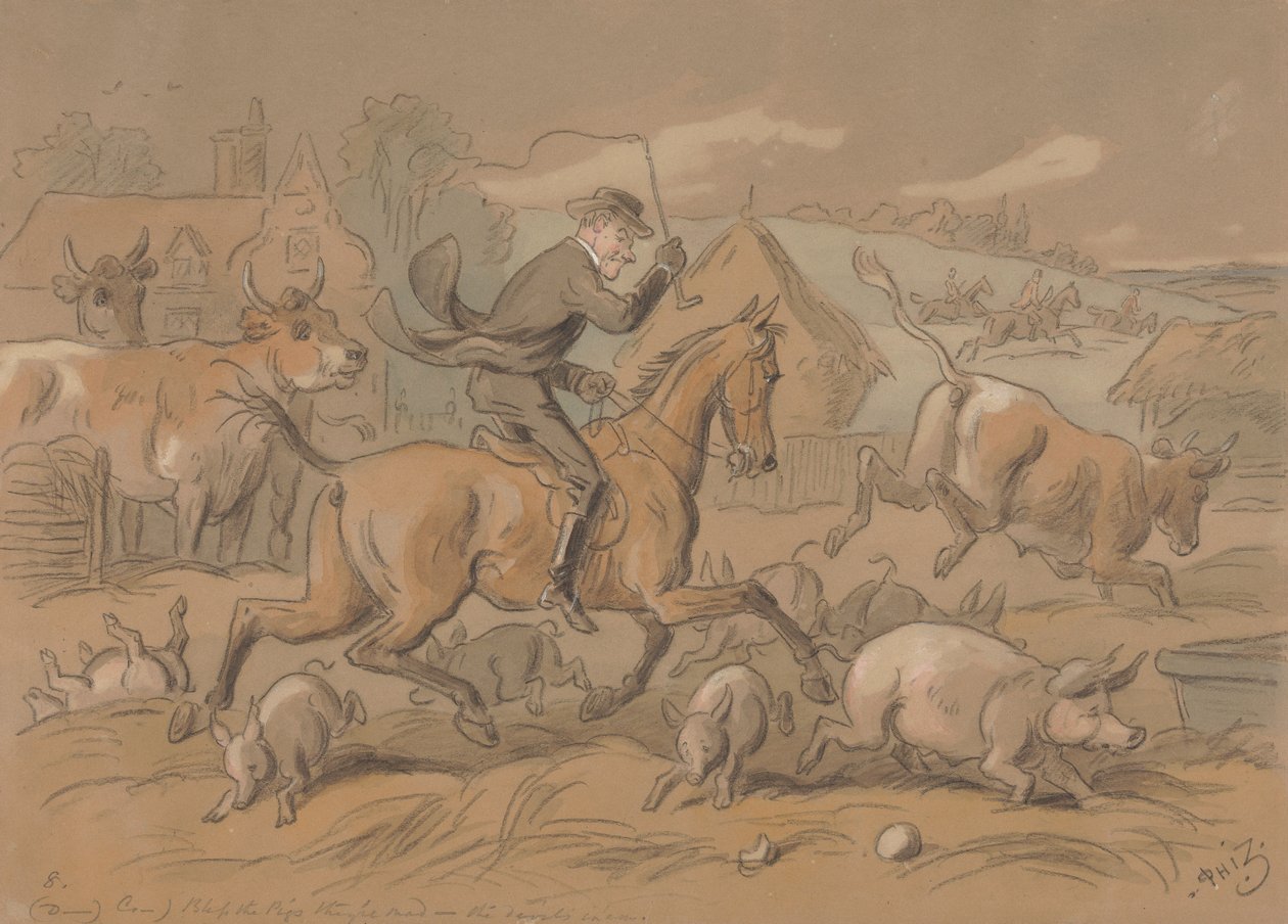 The Sporting Parson: „Verdorie… ik bedoel, verdomd, dat is toch ‘Zegen de varkens! Ze zijn gek – de duivel zit in ze’“ door Hablot Knight Browne