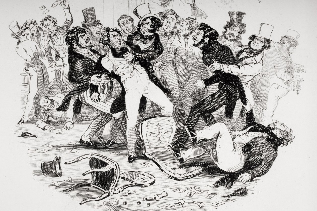 De laatste ruzie tussen Sir Mulberry en zijn leerling, illustratie uit `Nicholas Nickleby