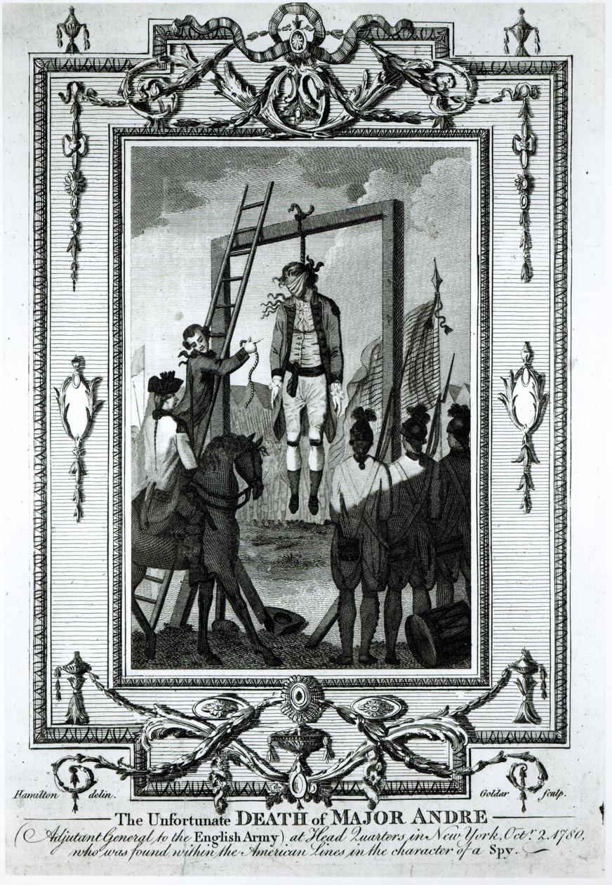 De ongelukkige dood van majoor Andre, adjudant-generaal van het Engelse leger, in het hoofdkwartier in New York, 2 oktober 1780, gegraveerd door John Goldar door Hamilton