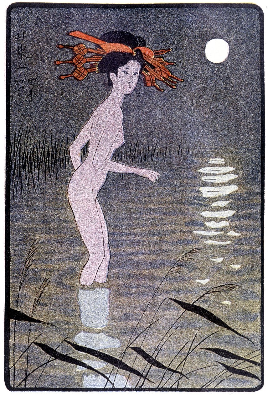 Jonge Japanner badend in een vijver in het maanlicht - in "Japanse pop" door Félicien Champsaur, ill. Hanafusa Itcho, Parijs door Hanabusa Itcho