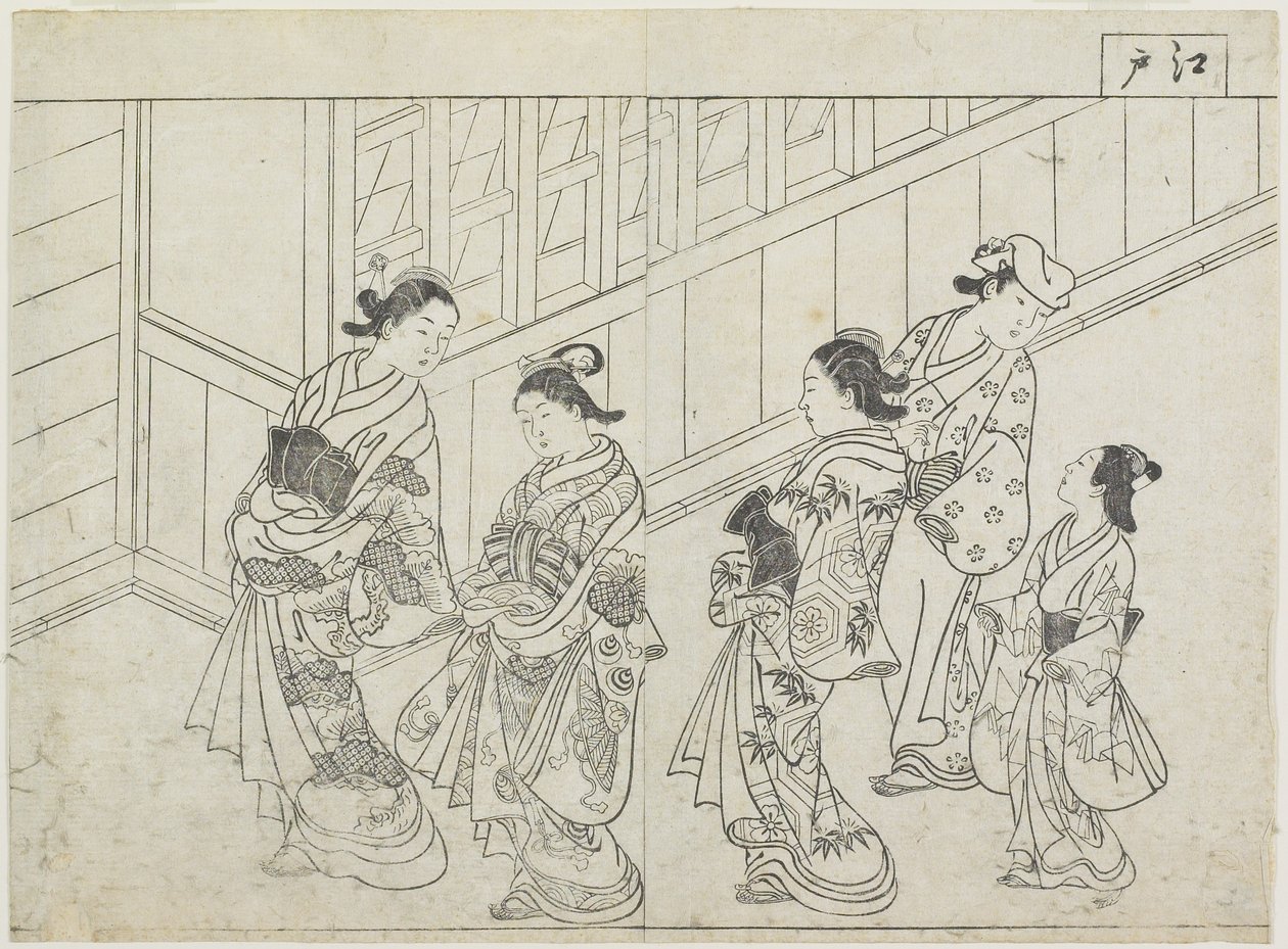 Vijf prostituees voor een huis, vroege jaren 1770 door Hanabusa Shigenobu