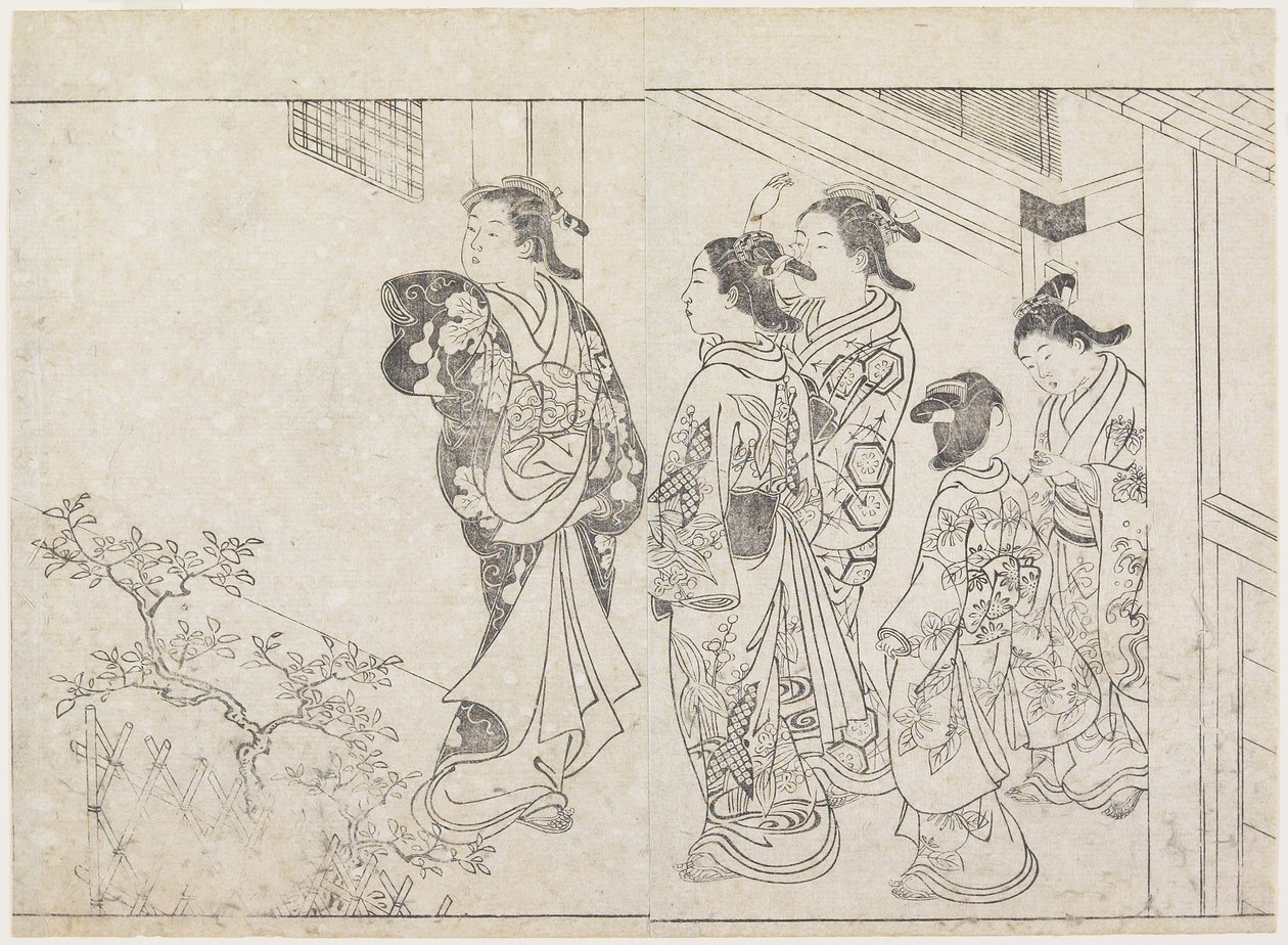 Vijf prostituees in een binnenplaats, vroege jaren 1770 door Hanabusa Shigenobu