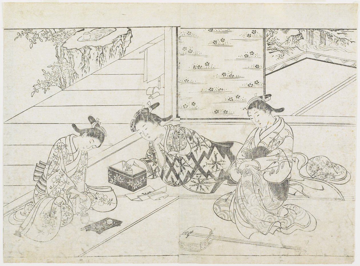 Drie prostituees in een kamer, vroege jaren 1770 door Hanabusa Shigenobu