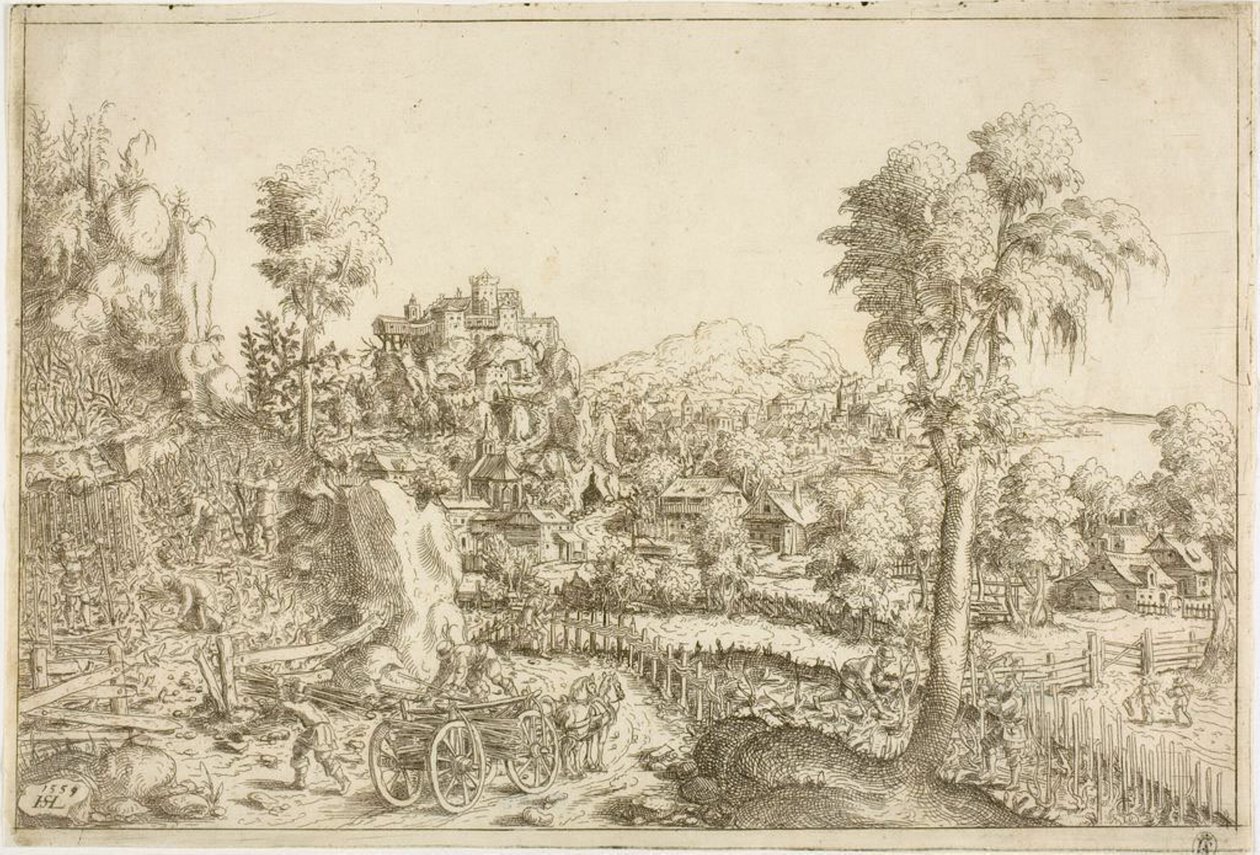 Landschap met een wijngaard, in het midden een wagen geladen met palen door Hanns Lautensack