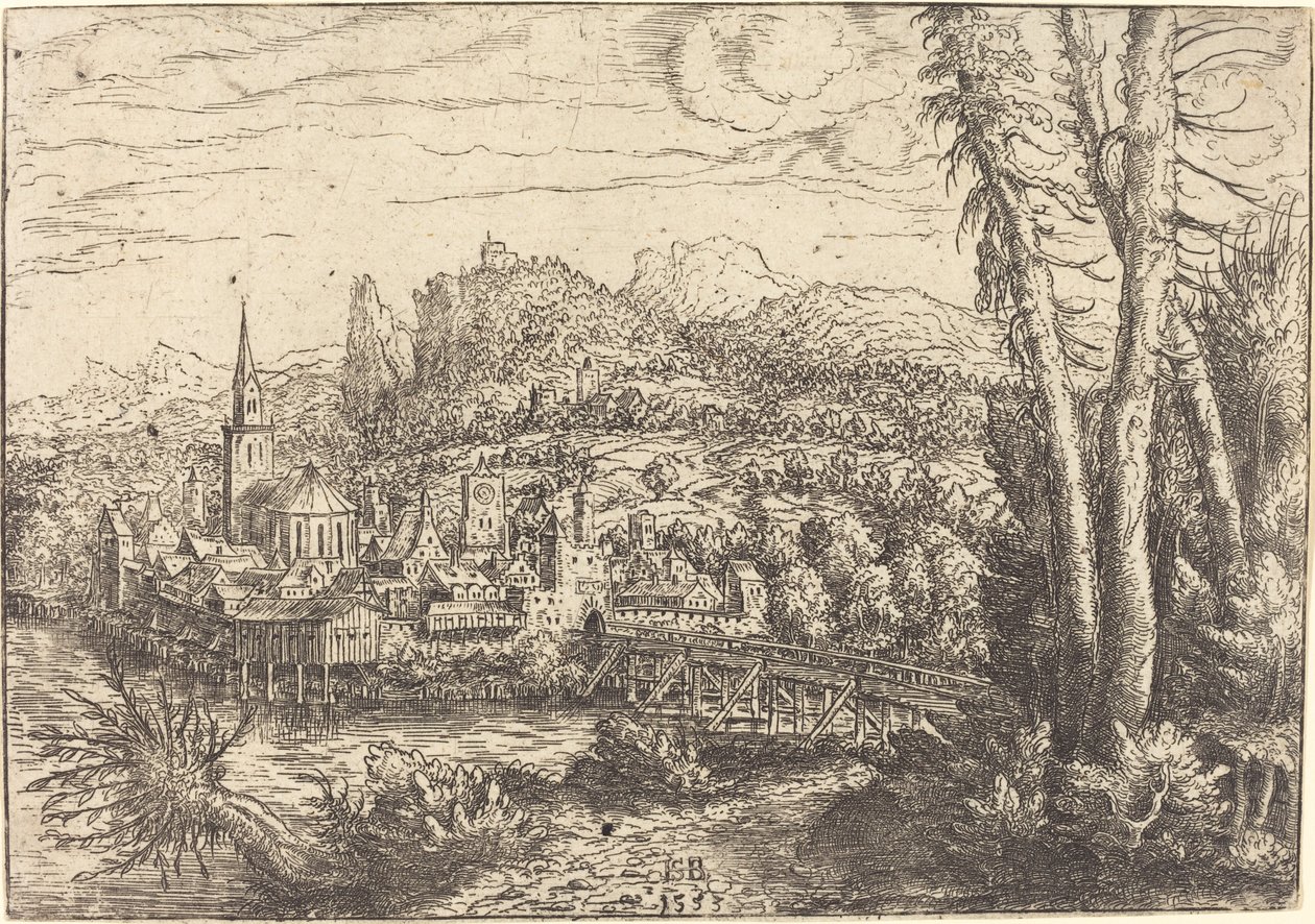Uitzicht op een stad bij een rivier door Hanns Lautensack