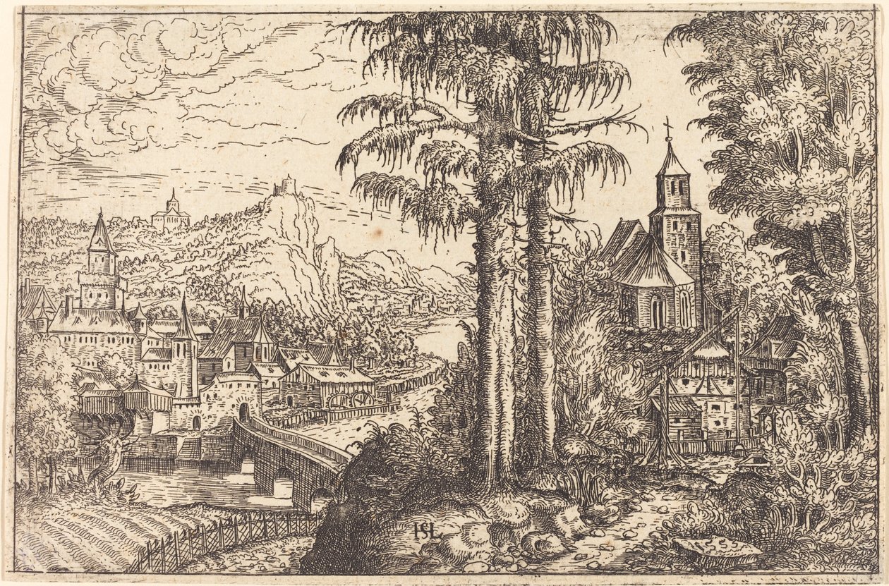 Uitzicht op een stad bij een rivier met een kerk aan de rechterkant door Hanns Lautensack