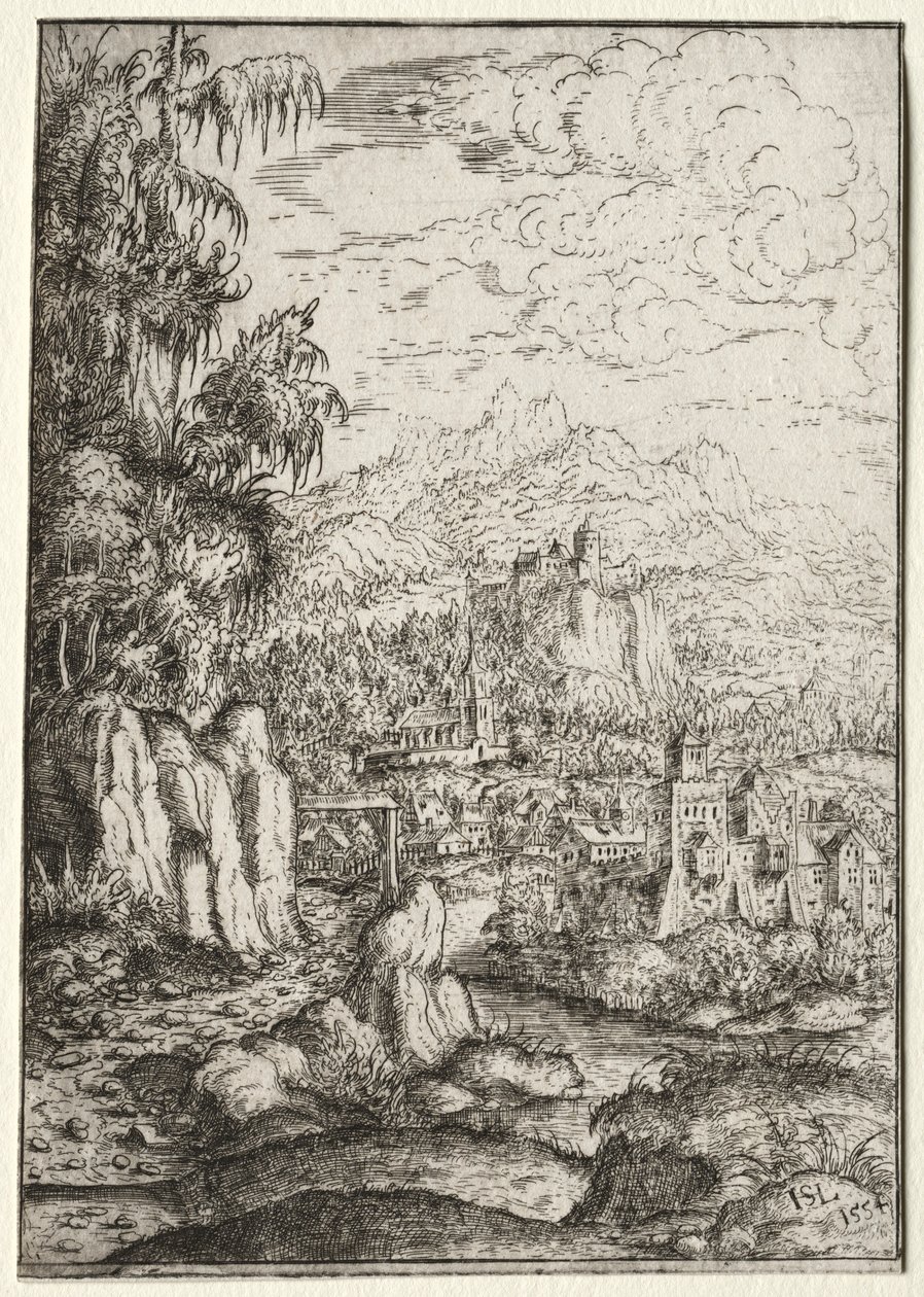 Landschap met een weg naar een kasteel op een eiland in een rivier, 1554 door Hanns Sebald Lautensack