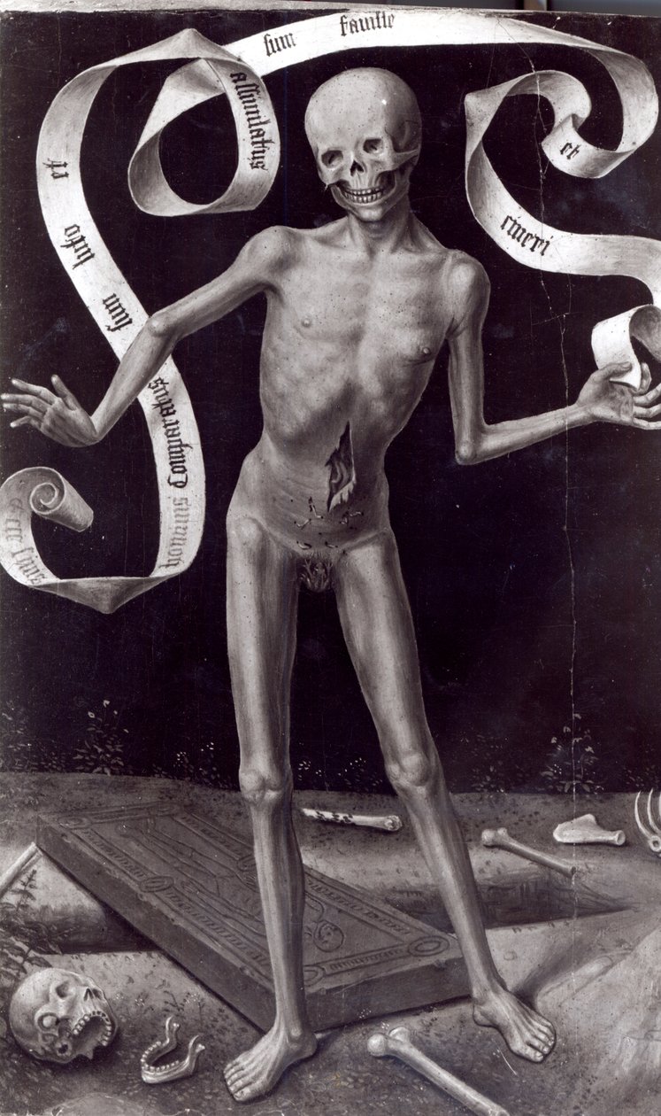 Dood, linker paneel van het drieluik van aardse ijdelheid en goddelijke verlossing door Hans Memling