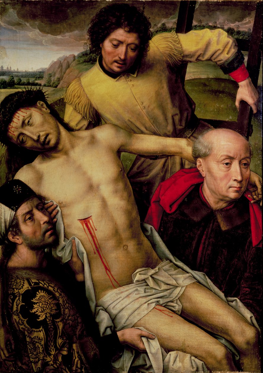 Afdaling van het kruis, linker paneel van het Deposition Diptych, c.1492-94 door Hans Memling